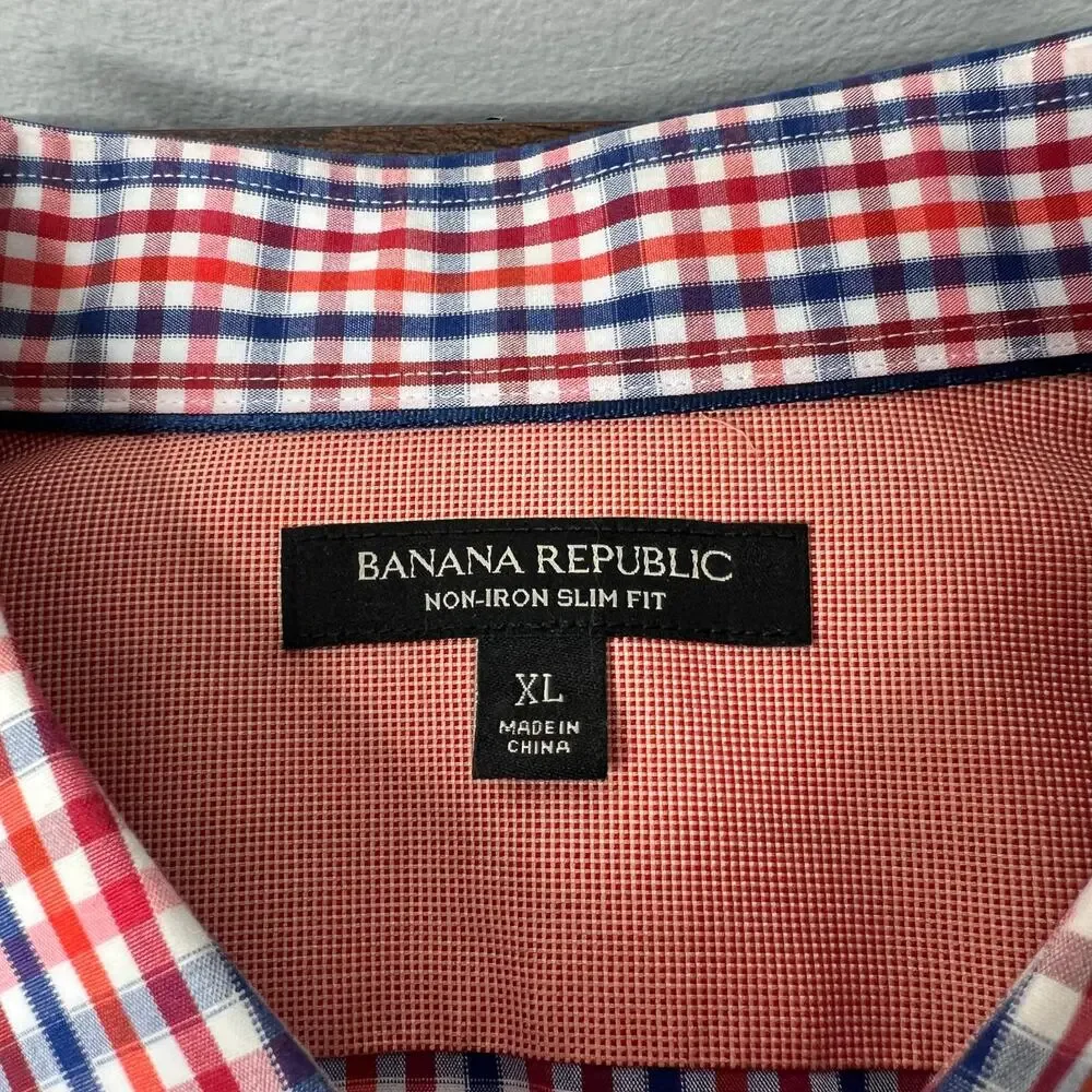 Banana Republic Button Dress Shirt Men XL Red Blue Check Plaid Non Iron Slim Fit